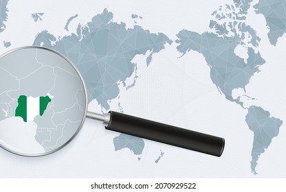 Asia centered world map with magnified glass on Nigeria. Focus on map of Nigeria on Pacific-centric World Map. Vector illustration.