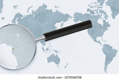 Asien zentrierte Weltkarte mit vergrößertem Glas auf Äquatorialguinea. Fokus auf der Karte Äquatorialguineas auf der pazifischen Weltkarte. Vektorgrafik.