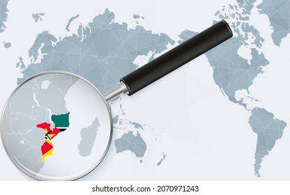 Asia centered world map with magnified glass on Mozambique. Focus on map of Mozambique on Pacific-centric World Map. Vector illustration.