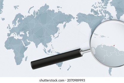 Asia centered world map with magnified glass on Trinidad and Tobago. Focus on map of Trinidad and Tobago on Pacific-centric World Map. Vector illustration.