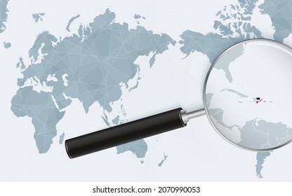 Asia centered world map with magnified glass on Dominican Republic. Focus on map of Dominican Republic on Pacific-centric World Map. Vector illustration.