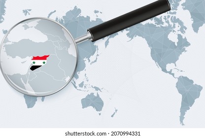 Mapa del mundo de Asia centrado con vidrio magnificado sobre Siria. Centrarse en el mapa de Siria en el Mapa Mundial centrado en el Pacífico. Ilustración vectorial.