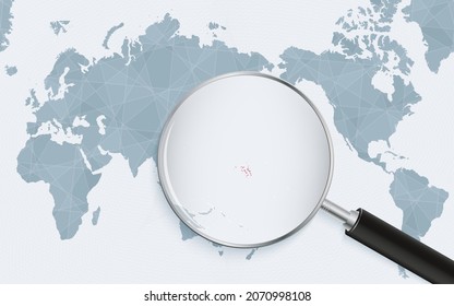 Asia centered world map with magnified glass on Marshall Islands. Focus on map of Marshall Islands on Pacific-centric World Map. Vector illustration.