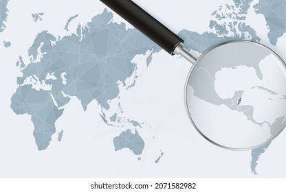 Asia centered world map with magnified glass on Belize. Focus on map of Belize on Pacific-centric World Map. Vector illustration.