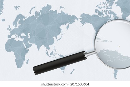 Asia centered world map with magnified glass on Barbados. Focus on map of Barbados on Pacific-centric World Map. Vector illustration.