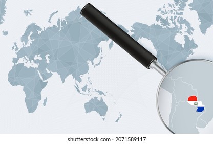 Asia centered world map with magnified glass on Paraguay. Focus on map of Paraguay on Pacific-centric World Map. Vector illustration.