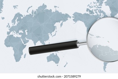 Asia centered world map with magnified glass on Saint Kitts and Nevis. Focus on map of Saint Kitts and Nevis on Pacific-centric World Map. Vector illustration.