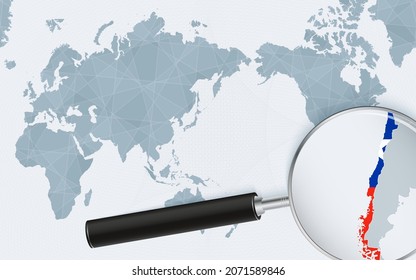 Asia centered world map with magnified glass on Chile. Focus on map of Chile on Pacific-centric World Map. Vector illustration.