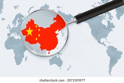 Asia centered world map with magnified glass on China. Focus on map of China on Pacific-centric World Map. Vector illustration.