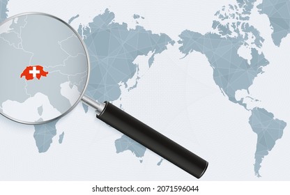 Asia centered world map with magnified glass on Switzerland. Focus on map of Switzerland on Pacific-centric World Map. Vector illustration.