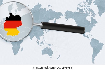 Asien zentriert Weltkarte mit Lupe auf Deutschland. Fokussieren Sie sich auf die Karte Deutschlands auf die pazifische Weltkarte. Vektorgrafik.