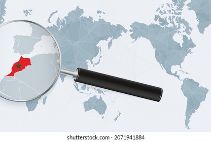 Asia centered world map with magnified glass on Morocco. Focus on map of Morocco on Pacific-centric World Map. Vector illustration.