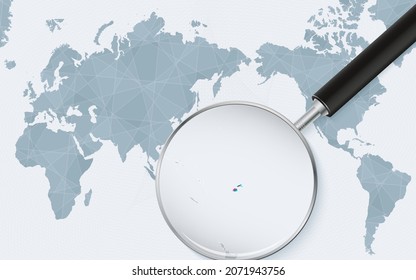 Asia centered world map with magnified glass on Fiji. Focus on map of Fiji on Pacific-centric World Map. Vector illustration.
