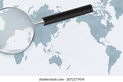 Asien zentriert Weltkarte mit Lupe auf Andorra. Fokus auf Andorra-Karte auf Pazifikkarte. Vektorgrafik.
