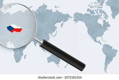 Asia centered world map with magnified glass on Czech Republic. Focus on map of Czech Republic on Pacific-centric World Map. Vector illustration.