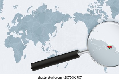 Mapa del mundo de Asia con vidrio magnificado en Surinam. Centrarse en el mapa de Surinam en el Mapa Mundial del Pacífico. Ilustración vectorial.