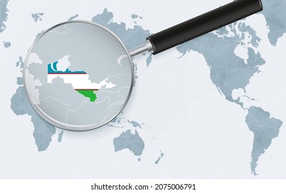 Asia centered world map with magnified glass on Uzbekistan. Focus on map of Uzbekistan on Pacific-centric World Map. Vector illustration.