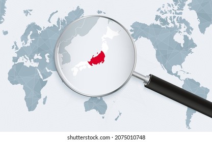 Asia centered world map with magnified glass on Japan. Focus on map of Japan on Pacific-centric World Map. Vector illustration.