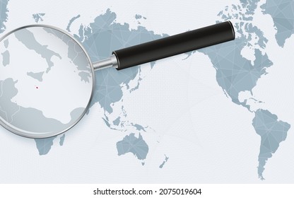 Asia centered world map with magnified glass on Malta. Focus on map of Malta on Pacific-centric World Map. Vector illustration.