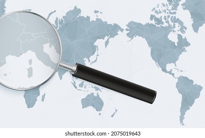 Asia centered world map with magnified glass on Monaco. Focus on map of Monaco on Pacific-centric World Map. Vector illustration.
