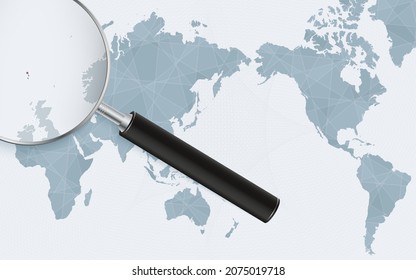 Asia centered world map with magnified glass on Faroe Islands. Focus on map of Faroe Islands on Pacific-centric World Map. Vector illustration.