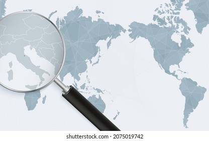 Asia centered world map with magnified glass on San Marino. Focus on map of San Marino on Pacific-centric World Map. Vector illustration.