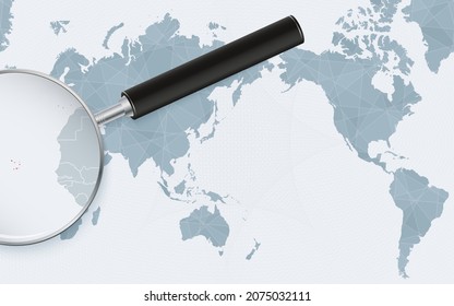 Asia centered world map with magnified glass on Cape Verde. Focus on map of Cape Verde on Pacific-centric World Map. Vector illustration.