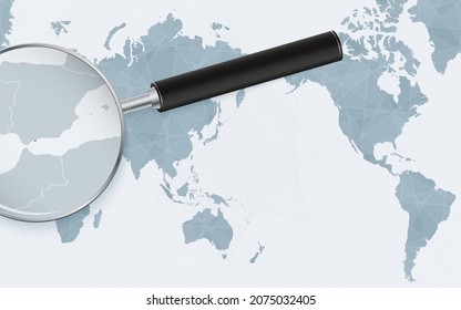 Asia centered world map with magnified glass on Gibraltar. Focus on map of Gibraltar on Pacific-centric World Map. Vector illustration.
