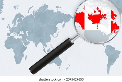 Asia centered world map with magnified glass on Canada. Focus on map of Canada on Pacific-centric World Map. Vector illustration.