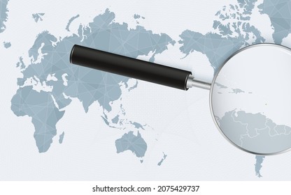 Mapa del mundo de Asia con vidrio magnificado en San Vicente y las Granadinas. Centrarse en el mapa de San Vicente y las Granadinas en el Mapa Mundial centrado en el Pacífico. Ilustración vectorial.