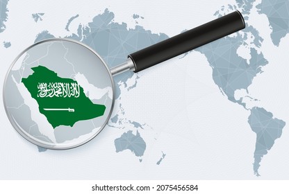 Asia centered world map with magnified glass on Saudi Arabia. Focus on map of Saudi Arabia on Pacific-centric World Map. Vector illustration.