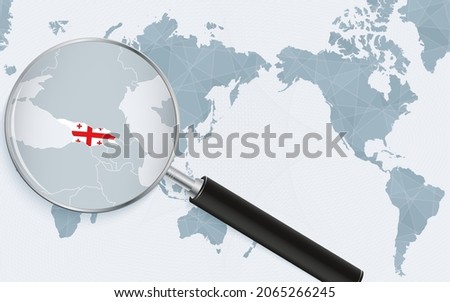 Asia centered world map with magnified glass on Georgia. Focus on map of Georgia on Pacific-centric World Map. Vector illustration.