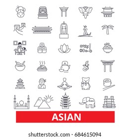 Asia, chinese people, indian, japanese culture, asian couple line icons. Editable strokes 