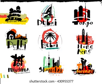 Asia city illustration and logo. Illustration handmade Asia and the East in grunge style.