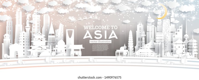 Asia City Skyline in Paper Cut Style with Snowflakes, Moon and Neon Garland. Vector Illustration. Christmas and New Year Concept. Santa Claus on Sleigh. 