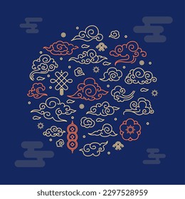 Asia Clouds Sign Round Design Template Thin Line Icon Banner Chinese Style for Promotion, Marketing and Advertising. Vector illustration of Oriental Decoration