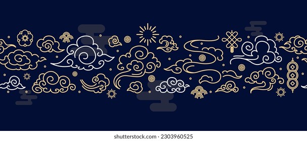 Nubes asiáticas firman un patrón delgado de línea en un estilo chino azul. Ilustración vectorial de la Decoración Oriental para el Diseño Web y de Aplicaciones