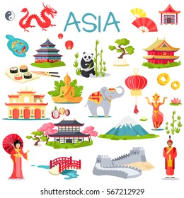 Asia Collection Of Symbolic Elements On White. Vector Illustration Of Great Wall Of China, Oriental Man And Woman, Grey Elephant, Special Buildings, Panda In Bamboo Sticks, High Mountains, Sushi Set