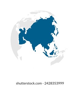 Asia continent dark blue highlighted silhouette on Earth globe. Vector illustration