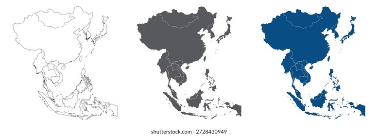Ásia Continent Line Map Conjunto com Variações de Cor Branco Azul e Cinza