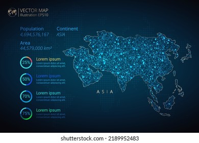 Mapa de Asia Continent infografía plantilla vectorial con mesh geométrica abstracta concepto de luz poligonal sobre fondo azul. Plantilla para diagrama, gráfico, presentación y gráfico.