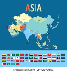 Asia Continent map with name and flag vector