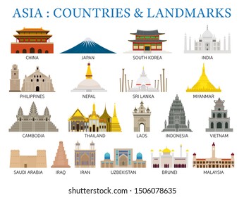 Asia Countries Landmarks In Flat Style, Famous Place And Historical Buildings, Travel And Tourist Attraction