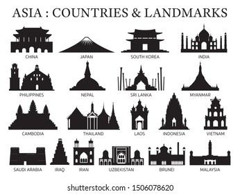 Asia Countries Landmarks Silhouette, Famous Place and Historical Buildings, Travel and Tourist Attraction