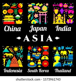 Asia countries logo with icon that are representing their own country 