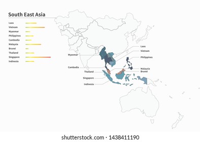 Asia countries map. vector map of south east asia. 
south east asia countries. asean union.