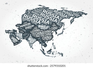 Asia countries word clouds. Continent shape on textured background. Asia design in typographic style. Artistic vector illustration.