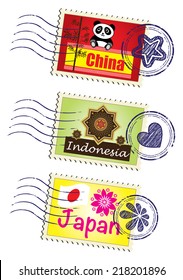 Asia country travel landmark stamp set