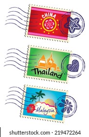 Asia country travel landmark stamp set (vector)