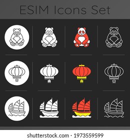 Asia dark theme icons set. Red lantern. Big panda. Junk ship. Traditions and culture of China. Chinese history. Linear white, solid glyph and RGB color styles. Isolated vector illustrations